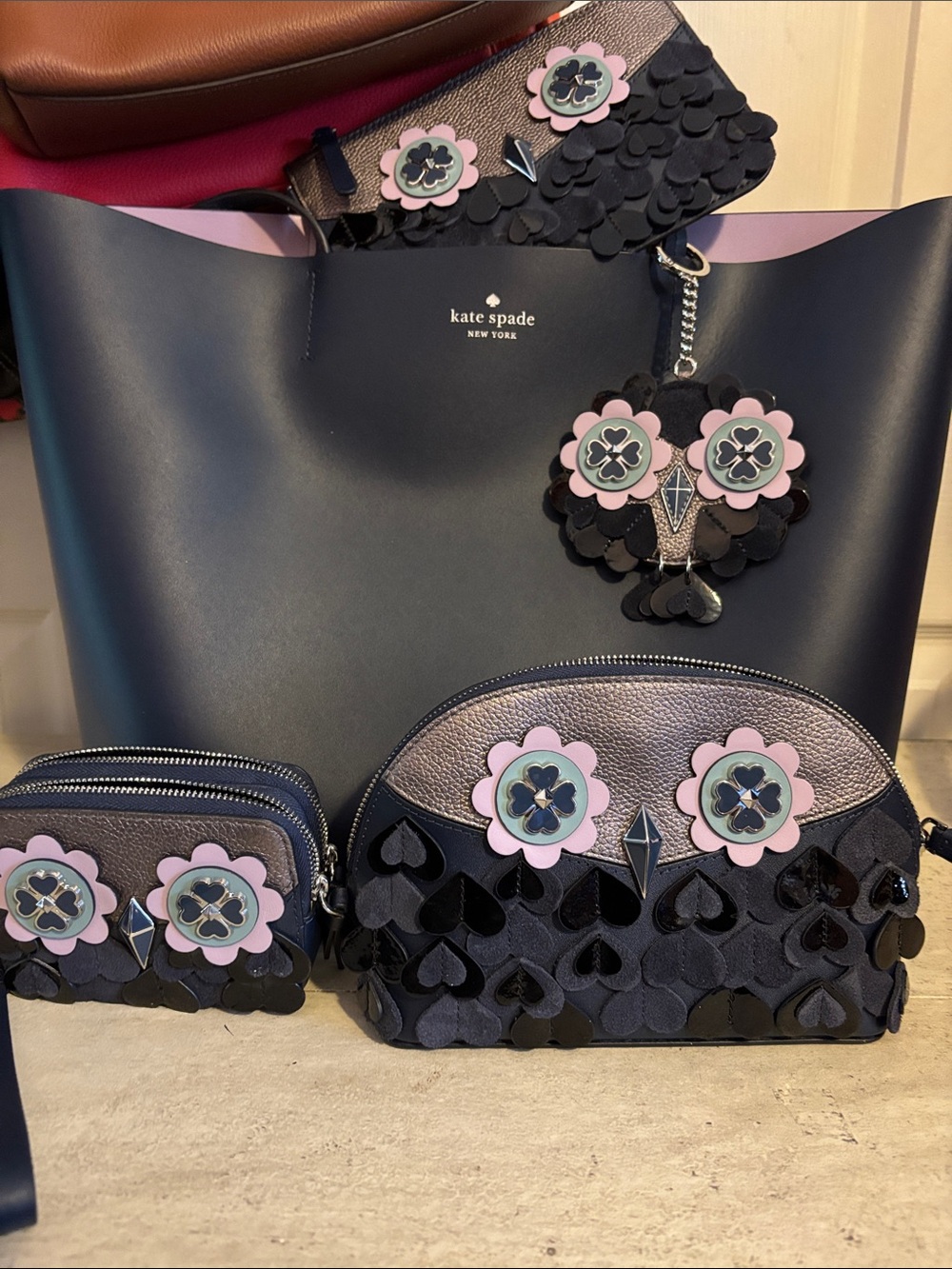 kate spade Navy Tote with Lavender Floral Appliqué Accents